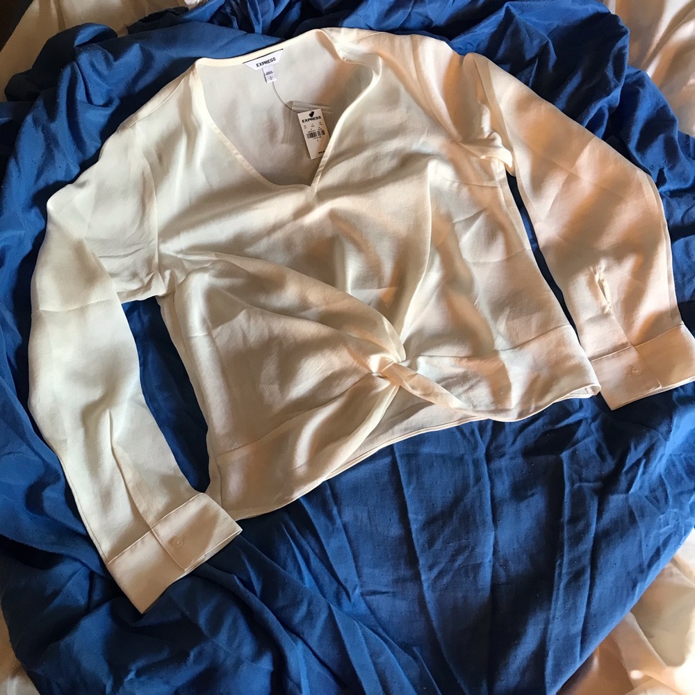 Cream Colored Long Sleeve Twist Front Blouse
